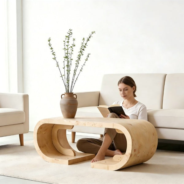 English Elm 47.24Curved Coffee Table Sculptural MDF Open Base Warm Wood Grain Living Room Accent W3732P422846