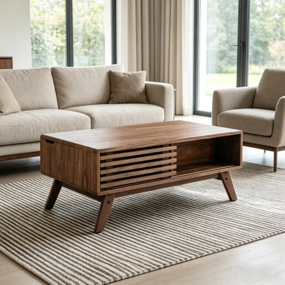 English Elm 39.37" Mid-century Walnut Coffee Table with Lift Top Hidden Storage and Open Shelf W3732P431178