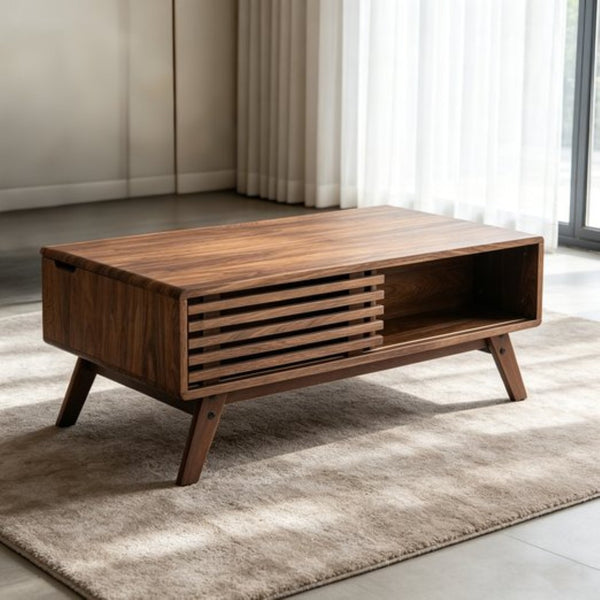 English Elm 39.37" Mid-century Walnut Coffee Table with Lift Top Hidden Storage and Open Shelf W3732P431178