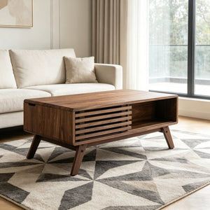 English Elm 39.37" Mid-century Walnut Coffee Table with Lift Top Hidden Storage and Open Shelf W3732P431178