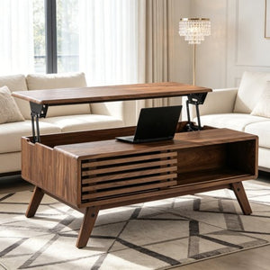 English Elm 39.37" Mid-century Walnut Coffee Table with Lift Top Hidden Storage and Open Shelf W3732P431178