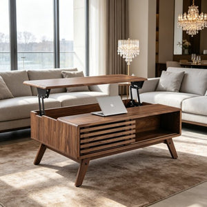 English Elm 39.37" Mid-century Walnut Coffee Table with Lift Top Hidden Storage and Open Shelf W3732P431178