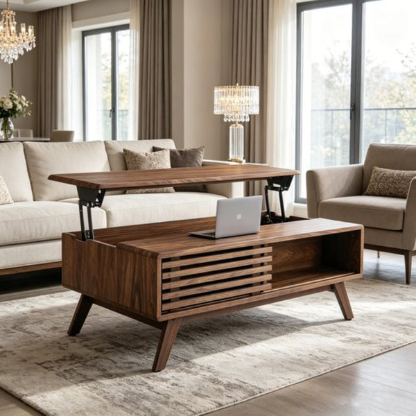 English Elm 39.37" Mid-century Walnut Coffee Table with Lift Top Hidden Storage and Open Shelf W3732P431178