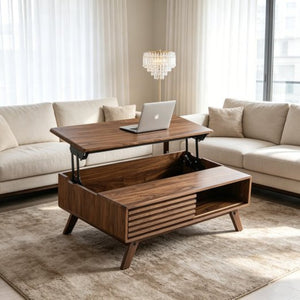 English Elm 39.37" Mid-century Walnut Coffee Table with Lift Top Hidden Storage and Open Shelf W3732P431178