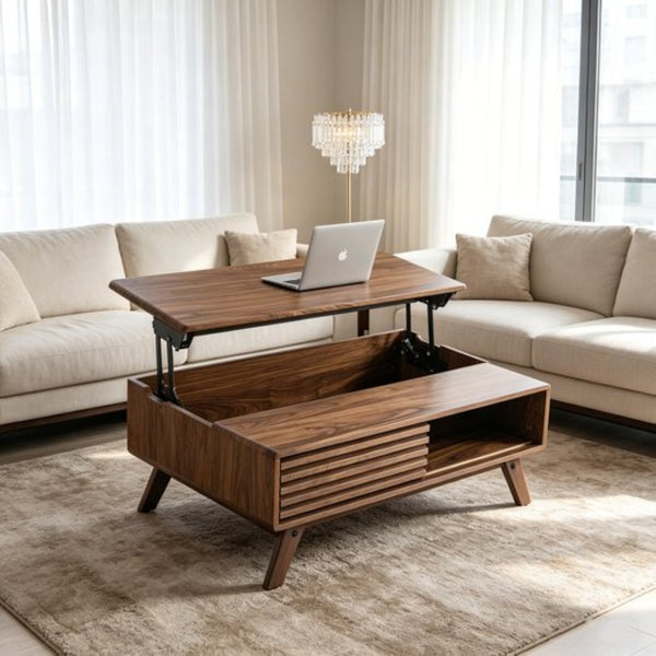 English Elm 39.37" Mid-century Walnut Coffee Table with Lift Top Hidden Storage and Open Shelf W3732P431178
