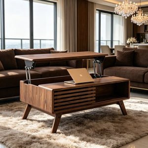 English Elm 39.37" Mid-century Walnut Coffee Table with Lift Top Hidden Storage and Open Shelf W3732P431178