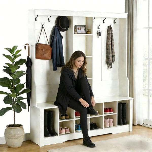 English Elm Itaar White Entryway Hall Tree with Coat Hooks Open Shelving and Shoe Storage Base W3732P435536