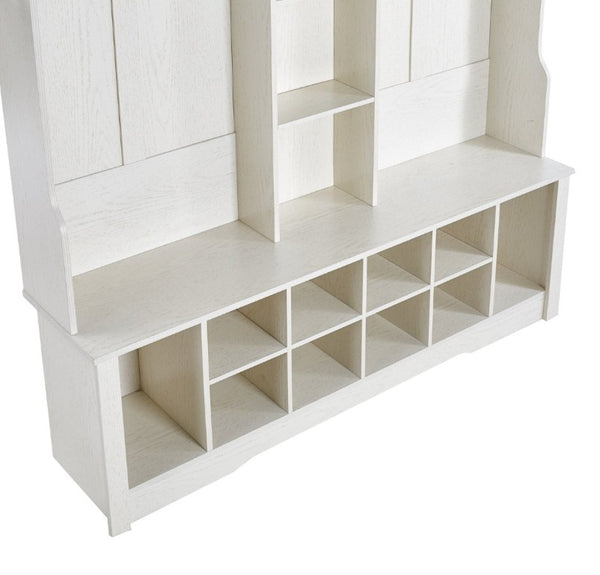English Elm Itaar White Entryway Hall Tree with Coat Hooks Open Shelving and Shoe Storage Base W3732P435536