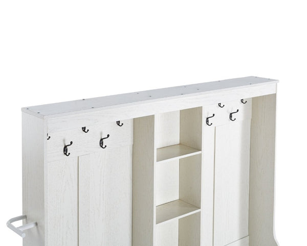 English Elm Itaar White Entryway Hall Tree with Coat Hooks Open Shelving and Shoe Storage Base W3732P435536