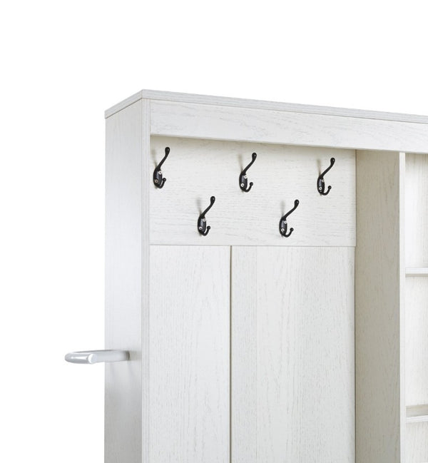 English Elm Itaar White Entryway Hall Tree with Coat Hooks Open Shelving and Shoe Storage Base W3732P435536