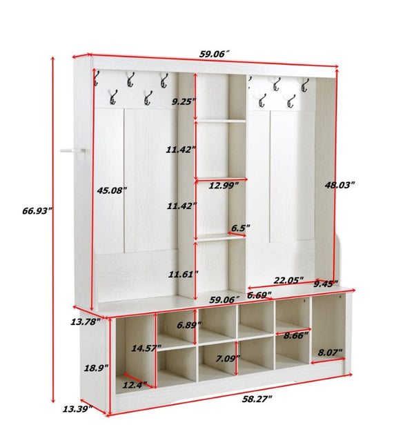 English Elm Itaar White Entryway Hall Tree with Coat Hooks Open Shelving and Shoe Storage Base W3732P435536