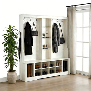 English Elm Itaar White Entryway Hall Tree with Coat Hooks Open Shelving and Shoe Storage Base W3732P435536