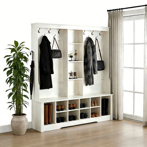 English Elm Itaar White Entryway Hall Tree with Coat Hooks Open Shelving and Shoe Storage Base W3732P435536