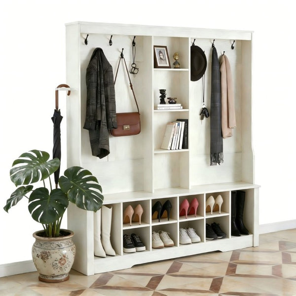 English Elm Itaar White Entryway Hall Tree with Coat Hooks Open Shelving and Shoe Storage Base W3732P435536