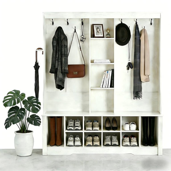 English Elm Itaar White Entryway Hall Tree with Coat Hooks Open Shelving and Shoe Storage Base W3732P435536