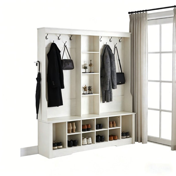 English Elm Itaar White Entryway Hall Tree with Coat Hooks Open Shelving and Shoe Storage Base W3732P435536