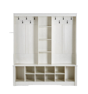 English Elm Itaar White Entryway Hall Tree with Coat Hooks Open Shelving and Shoe Storage Base W3732P435536