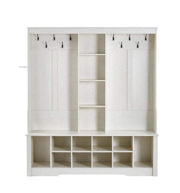 English Elm Itaar White Entryway Hall Tree with Coat Hooks Open Shelving and Shoe Storage Base W3732P435536