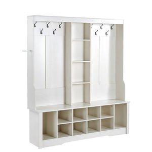English Elm Itaar White Entryway Hall Tree with Coat Hooks Open Shelving and Shoe Storage Base W3732P435536