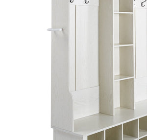 English Elm Itaar White Entryway Hall Tree with Coat Hooks Open Shelving and Shoe Storage Base W3732P435536