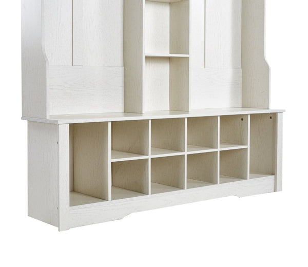 English Elm Itaar White Entryway Hall Tree with Coat Hooks Open Shelving and Shoe Storage Base W3732P435536