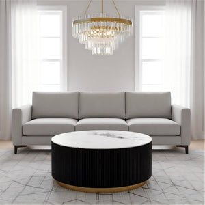 English Elm 31.5 Inch Round Faux Marble Coffee Table Fluted Drum Body with Gold Base and Storage W3732P438391