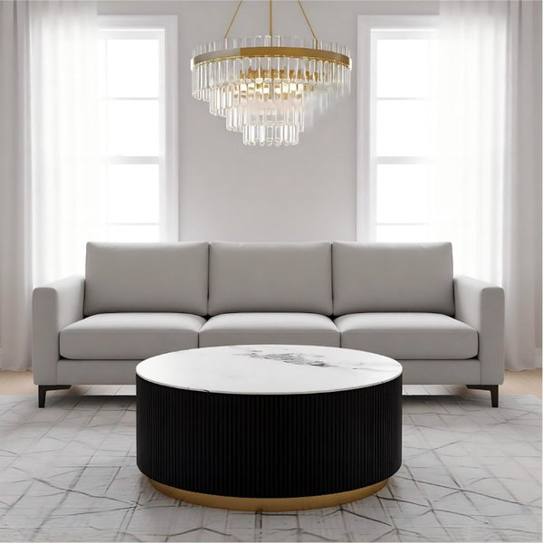 English Elm 31.5 Inch Round Faux Marble Coffee Table Fluted Drum Body with Gold Base and Storage W3732P438391