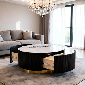 English Elm 31.5 Inch Round Faux Marble Coffee Table Fluted Drum Body with Gold Base and Storage W3732P438391