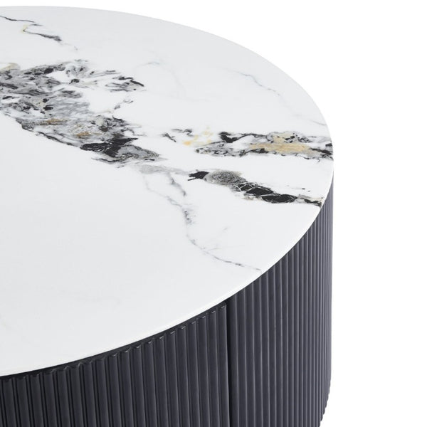 English Elm 31.5 Inch Round Faux Marble Coffee Table Fluted Drum Body with Gold Base and Storage W3732P438391