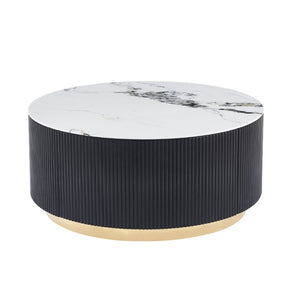 English Elm 31.5 Inch Round Faux Marble Coffee Table Fluted Drum Body with Gold Base and Storage W3732P438391