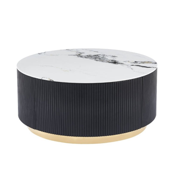 English Elm 31.5 Inch Round Faux Marble Coffee Table Fluted Drum Body with Gold Base and Storage W3732P438391