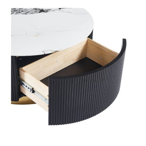 English Elm 31.5 Inch Round Faux Marble Coffee Table Fluted Drum Body with Gold Base and Storage W3732P438391