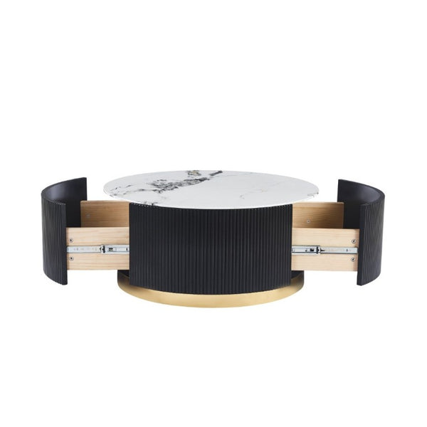 English Elm 31.5 Inch Round Faux Marble Coffee Table Fluted Drum Body with Gold Base and Storage W3732P438391