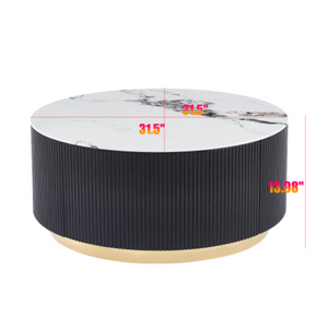 English Elm 31.5 Inch Round Faux Marble Coffee Table Fluted Drum Body with Gold Base and Storage W3732P438391