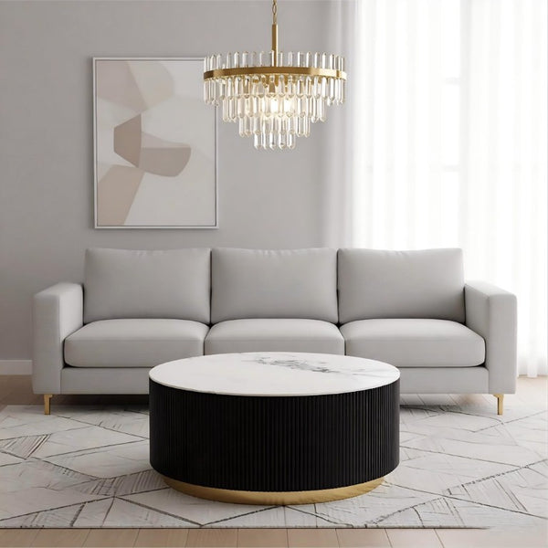 English Elm 31.5 Inch Round Faux Marble Coffee Table Fluted Drum Body with Gold Base and Storage W3732P438391
