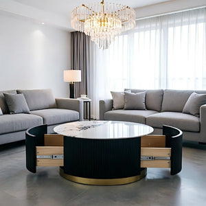 English Elm 31.5 Inch Round Faux Marble Coffee Table Fluted Drum Body with Gold Base and Storage W3732P438391