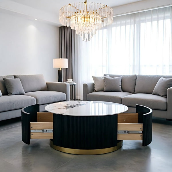 English Elm 31.5 Inch Round Faux Marble Coffee Table Fluted Drum Body with Gold Base and Storage W3732P438391