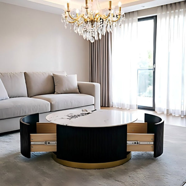 English Elm 31.5 Inch Round Faux Marble Coffee Table Fluted Drum Body with Gold Base and Storage W3732P438391