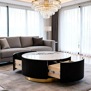 English Elm 31.5 Inch Round Faux Marble Coffee Table Fluted Drum Body with Gold Base and Storage W3732P438391