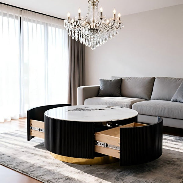 English Elm 31.5 Inch Round Faux Marble Coffee Table Fluted Drum Body with Gold Base and Storage W3732P438391