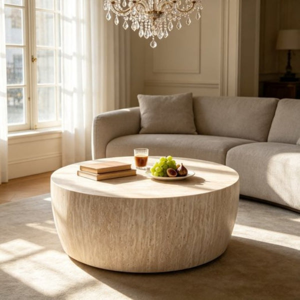 English Elm 34.65 Inch Two Tier Burl Wood Veneer Round Coffee Table with Natural Grain Living Room W3732P448286