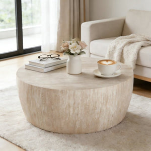 English Elm 34.65 Inch Two Tier Burl Wood Veneer Round Coffee Table with Natural Grain Living Room W3732P448286
