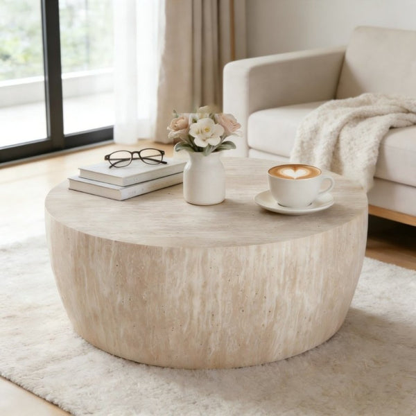 English Elm 34.65 Inch Two Tier Burl Wood Veneer Round Coffee Table with Natural Grain Living Room W3732P448286