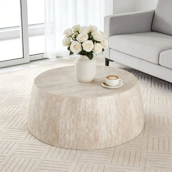 English Elm 34.65 Inch Two Tier Burl Wood Veneer Round Coffee Table with Natural Grain Living Room W3732P448286