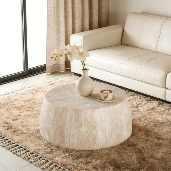 English Elm 34.65 Inch Two Tier Burl Wood Veneer Round Coffee Table with Natural Grain Living Room W3732P448286