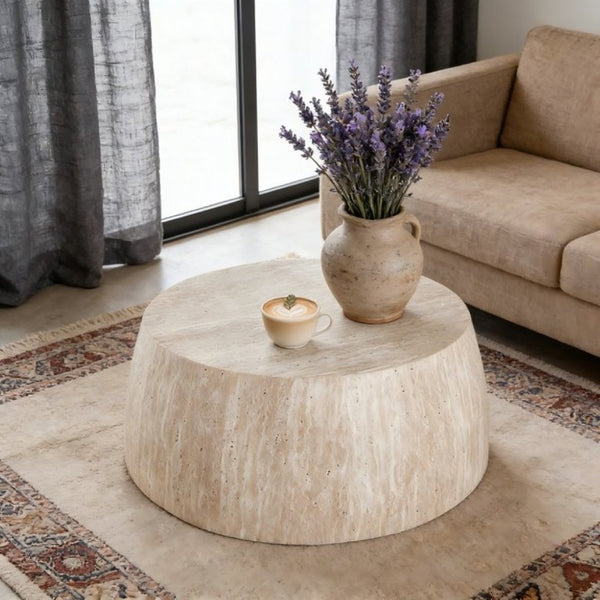 English Elm 34.65 Inch Two Tier Burl Wood Veneer Round Coffee Table with Natural Grain Living Room W3732P448286