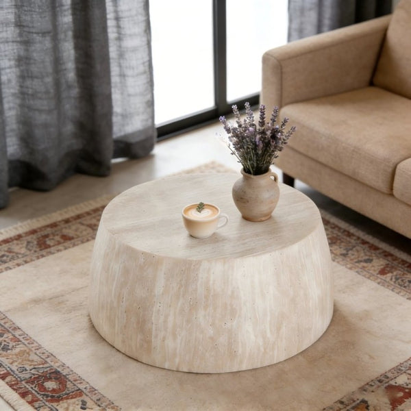 English Elm 34.65 Inch Two Tier Burl Wood Veneer Round Coffee Table with Natural Grain Living Room W3732P448286