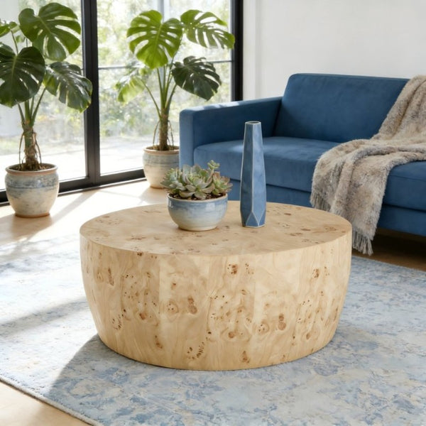 English Elm 34.65 Inch Two Tier Round Coffee Table Natural MDF Finish Fully Assembled Living Room W3732P448287