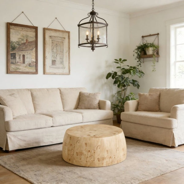 English Elm 34.65 Inch Two Tier Round Coffee Table Natural MDF Finish Fully Assembled Living Room W3732P448287