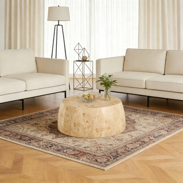 English Elm 34.65 Inch Two Tier Round Coffee Table Natural MDF Finish Fully Assembled Living Room W3732P448287